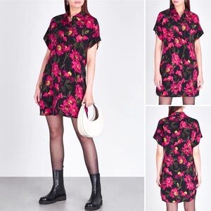 Alice + Olivia 100% Silk Lucette Floral Print Mini Shirt Dress Dropped Shoulder